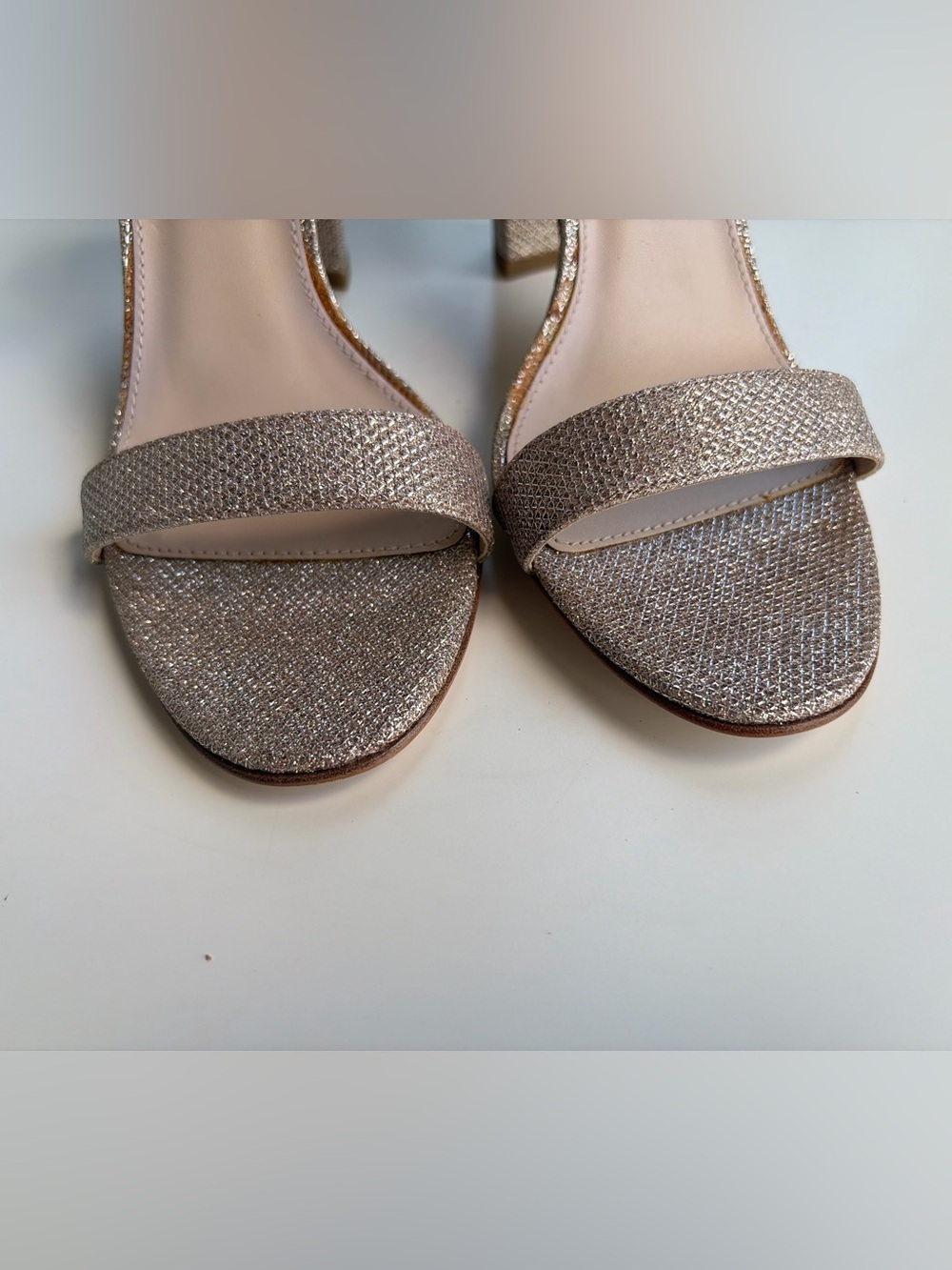 🌾Pelle Moda Size 9M Rose Gold Glitter Ankle Strap Block Heel Sandals Party Chic - Picture 9 of 17